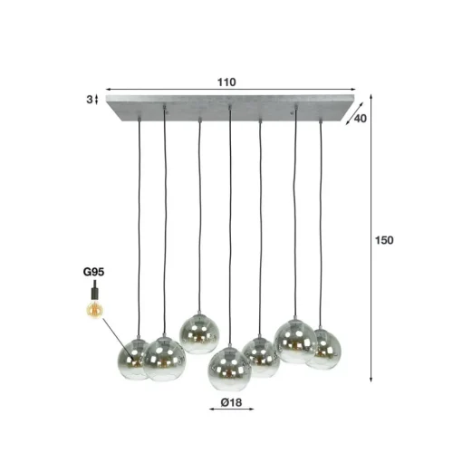 Allessandra hanglamp, 7-lamps, Ø 18 cm, rookgrijs, glas