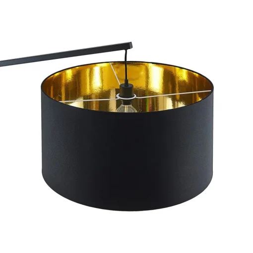 Arcchio gebogen vloerlamp Mossa, 200 cm, zwart-goud, textiel