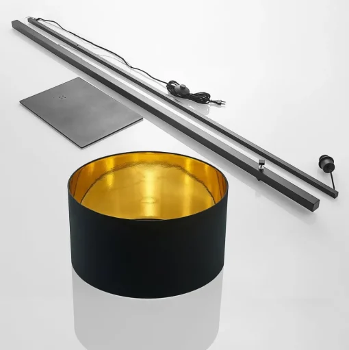 Arcchio gebogen vloerlamp Mossa, 200 cm, zwart-goud, textiel