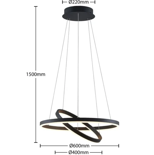 Arcchio LED hanglamp Albiona, zwart, 2 ringen, Ø 60 cm