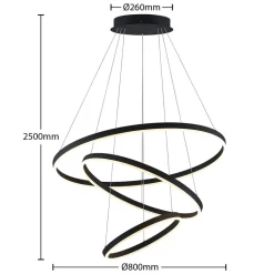Arcchio LED hanglamp Albiona, zwart, 3 ringen, Ø 80 cm