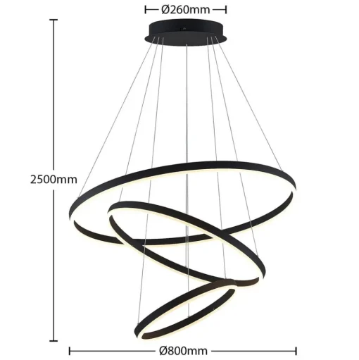 Arcchio LED hanglamp Albiona, zwart, 3 ringen, Ø 80 cm