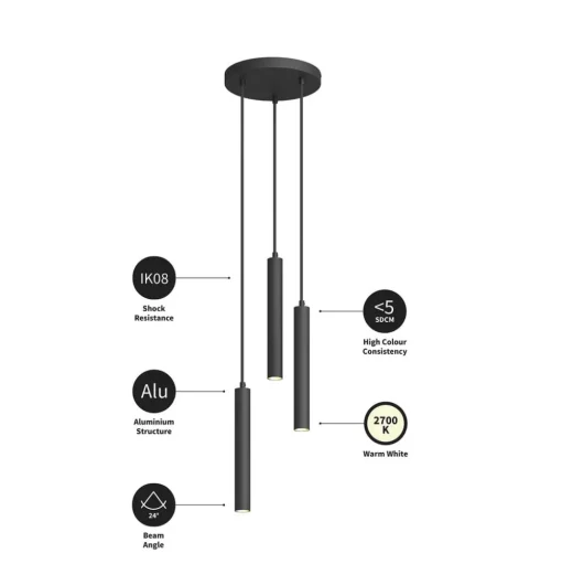 Arcchio LED hanglamp Franka, 3-lamps, Ø 24 cm, zwart