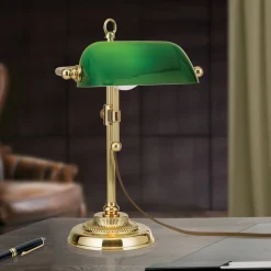 Bankierslamp Harvard, messing/groen, hoogte 32 cm