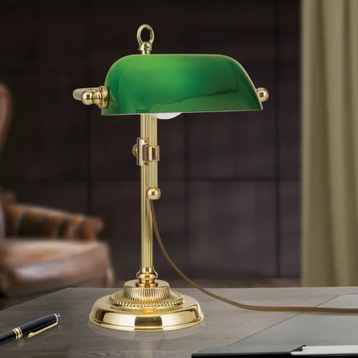 Bankierslamp Harvard, messing/groen, hoogte 32 cm
