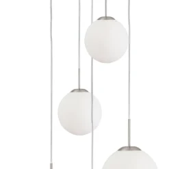 Bollique hanglamp, staal, opaal wit, glas, 5-lamps rond