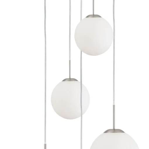 Bollique hanglamp, staal, opaal wit, glas, 5-lamps rond