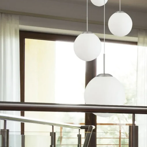 Bollique hanglamp, staal, opaal wit, glas, 5-lamps rond
