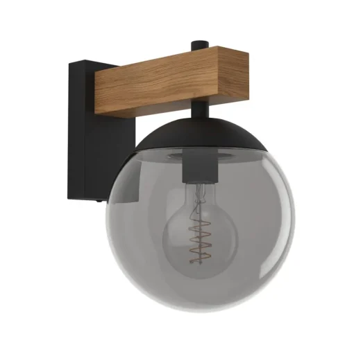 Bufalata buitenwandlamp, zwart/hout/rookgrijs