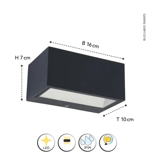 Buitenwandlamp Gemini hoekig 16cm 3.000 K