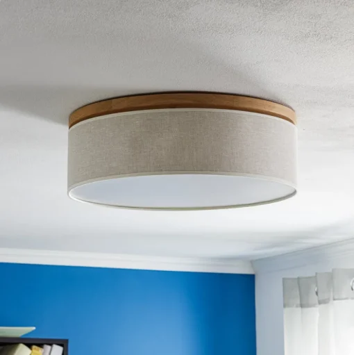 Canvas plafondlamp, beige, eikenhout, Ø 48 cm, E27