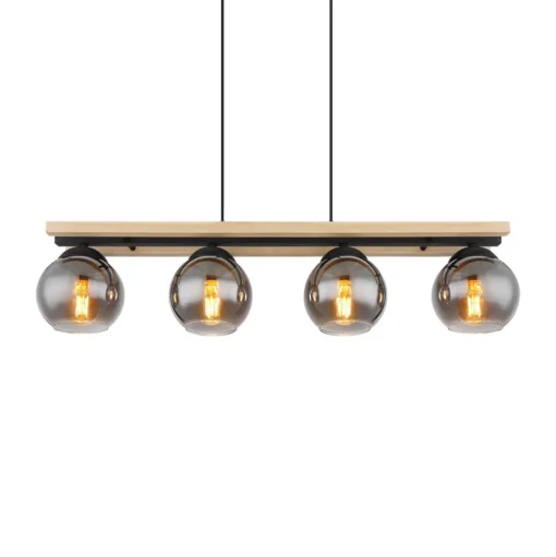 Conni hanglamp, lengte 85 cm, rookgrijs, hout/glas, 4-lamps.