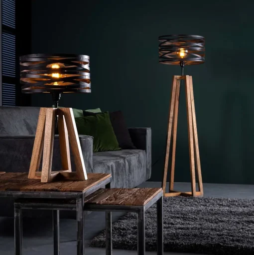 Crossround tafellamp met houten driepoot voet
