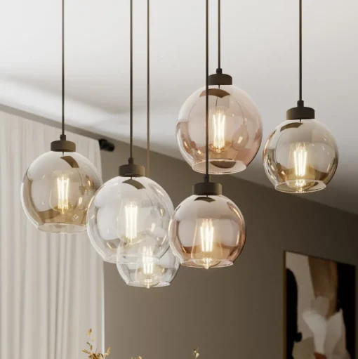 Cubus hanglamp, 74 cm, 6-lamps, helder/honing/bruin, glas