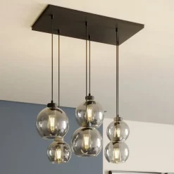 Cubus hanglamp, rookgrijs, glas, 74 cm lang, 6-lamps