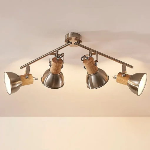 Dennis plafondlamp met hout, 4-lamps.