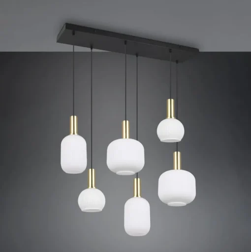 Diva hanglamp, 6-lamps, messingkleurig, opaal, metaal, glas