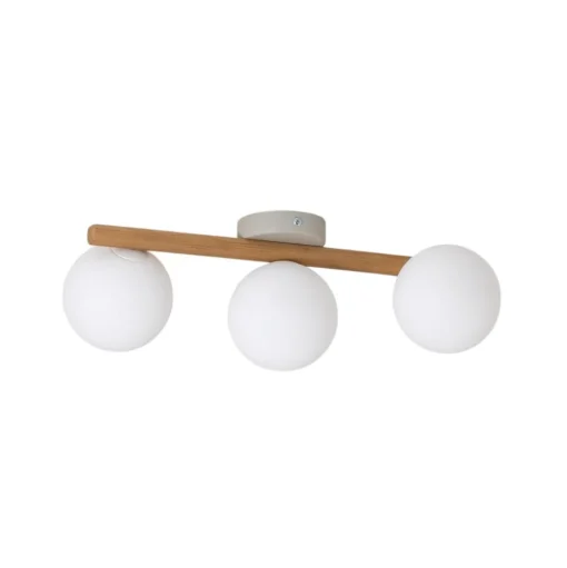 Estera plafondlamp, opaal glas, hout, 3-lamps