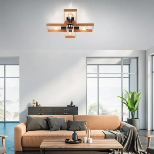 Frame plafondlamp van hout, 4-lamps