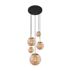 Glazen hanglamp glasbol, messing, 5-lamps