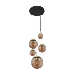 Glazen hanglamp glasbol, messing, 5-lamps