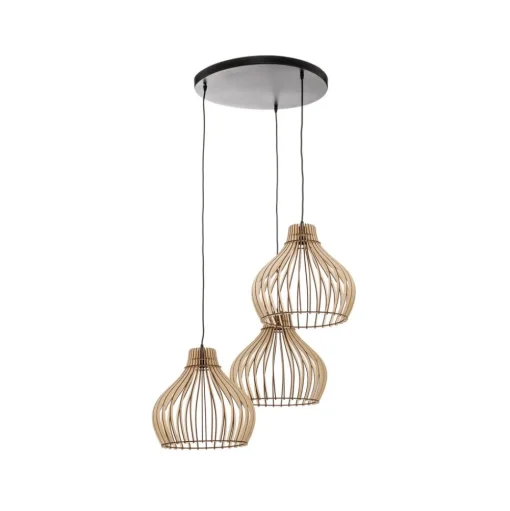 Hanglamp Barrel met houten kappen, 3-lamps, rond