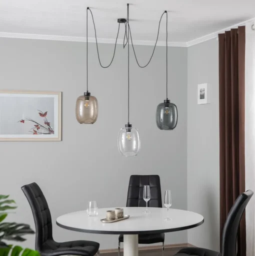 Hanglamp Elio, glas, bruin/helder/grijs, 3-lamps, decentraal