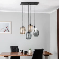 Hanglamp Elio, glas, bruin/helder/grijs, rechthoek 6-lamps