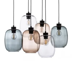 Hanglamp Elio, glas, bruin/helder/grijs, rechthoek 6-lamps