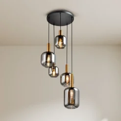 Hanglamp Fumo, rookglas, 5-lamps, rondel