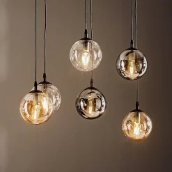 Hanglamp Glassy, 6-lamps, grafiet/amber/helder, glas, 75 cm