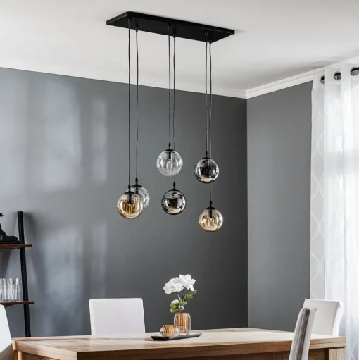 Hanglamp Glassy, 6-lamps, grafiet/amber/helder, glas, 75 cm