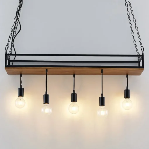 Hanglamp Kirista, 5-lamps, zwart, hout, 100 cm