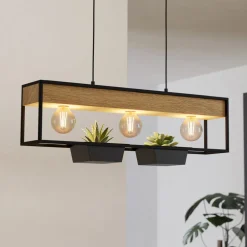 Hanglamp Libertad 1, lengte 76 cm, zwart/hout, 3-lamps.