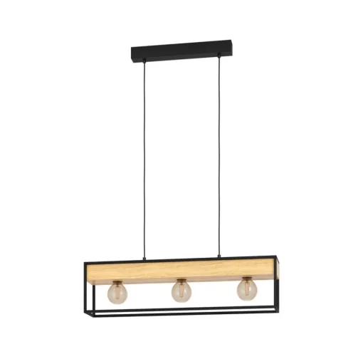 Hanglamp Libertad 1, lengte 76 cm, zwart/hout, 3-lamps.