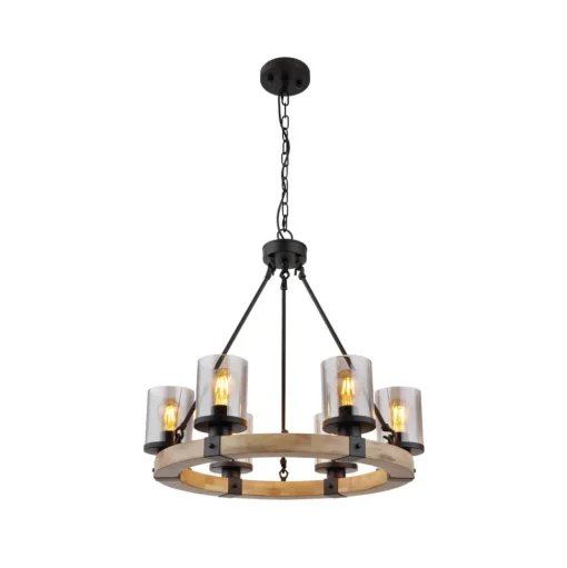Hanglamp Lila met houten ring, rond, 6-lamps