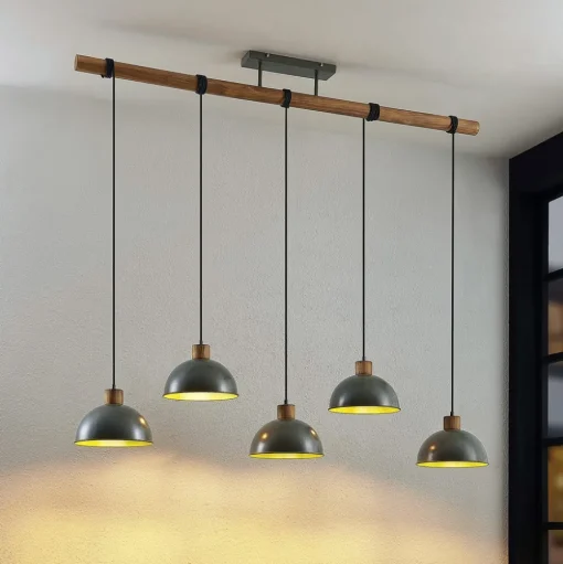 Hanglamp Lindby Durbis, 149 cm, zwart, 5-lamps, hout