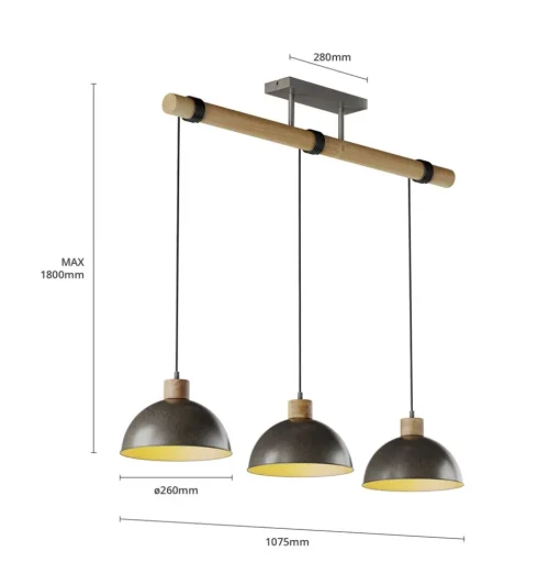 Hanglamp Lindby Holgar, grijs, 3-lamps, hout, metaal, E27