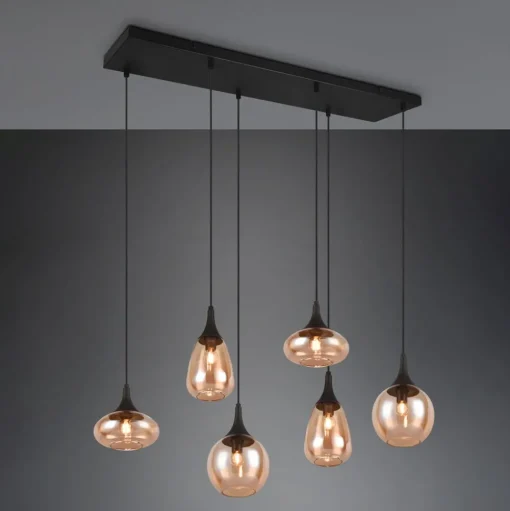 Hanglamp LUMINA, 6-lamps, zwart/oranje, glas