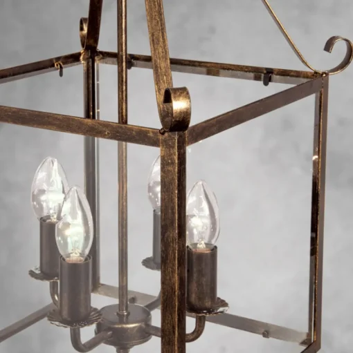 Hanglamp Manto, hoekig, goud antiek, 4-lamps