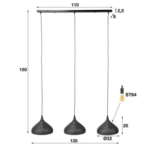 Hanglamp Punchray, 3-lamps trechtervormig
