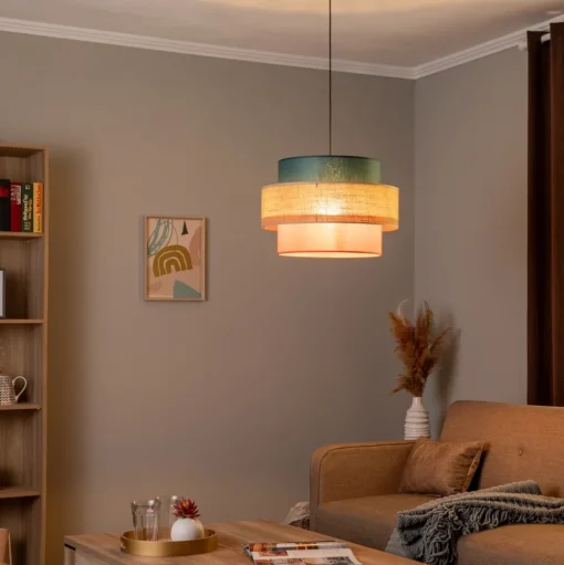 Hanglamp Trio, jute kap, petrol/natuurbruin/oranje Ø 50cm
