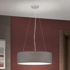Hanglamp Ufo met grijze stoffen lampenkap