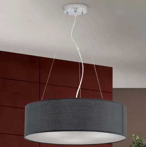 Hanglamp Ufo met grijze stoffen lampenkap