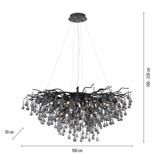 IJspegel kroonluchter, zwart, glas hangend, lengte 100 cm