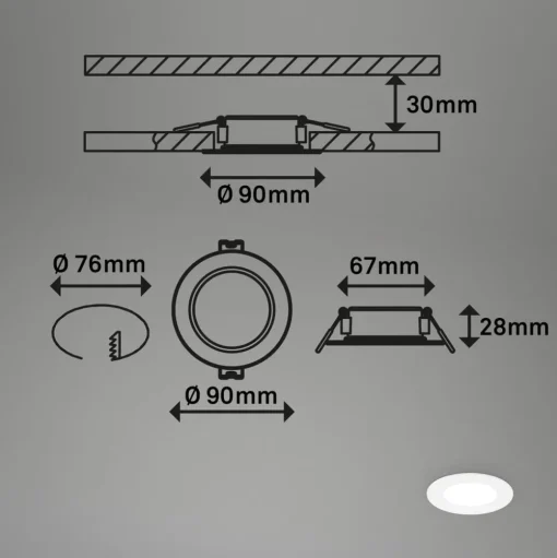 Inbouwlamp Jeft, Ø 9cm, wit, set van 3, aan/uit, vast