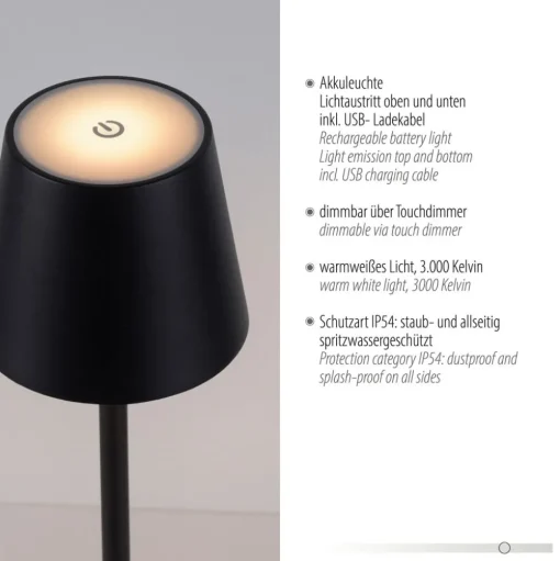 JUST LIGHT. Euria LED tafellamp, zwart, ijzer IP54