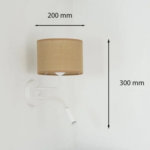 Jute wandlamp, bruin/wit, stof, leeslampje