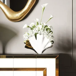 KARE Ginkgo Elegance vaas, hoogte 18 cm, steengoed, wit, goud