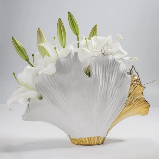 KARE Ginkgo Elegance vaas, hoogte 18 cm, steengoed, wit, goud